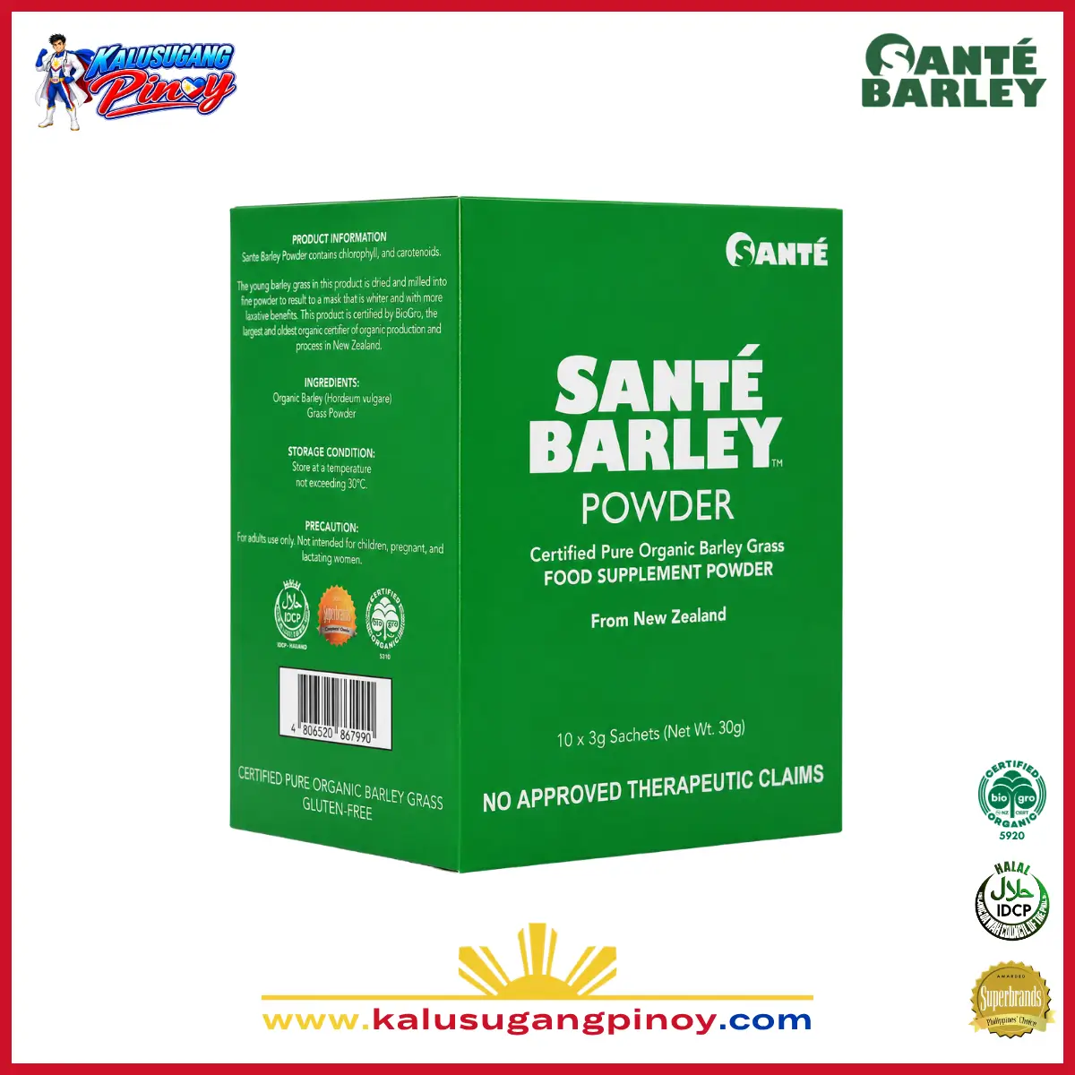 Kalusugang Pinoy Santé Barley Organic Powder with Stevia 10 Sachets Organic Barley Grass Drink