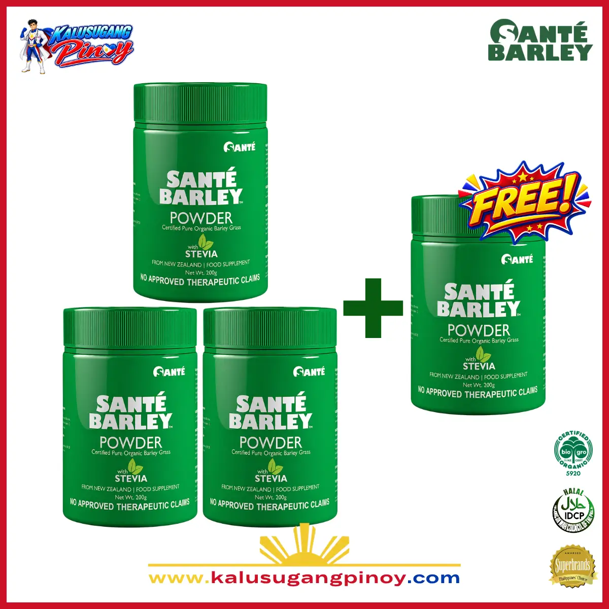 Santé Barley Organic Powder Canister With Stevia Buy 3 Get 1 Free