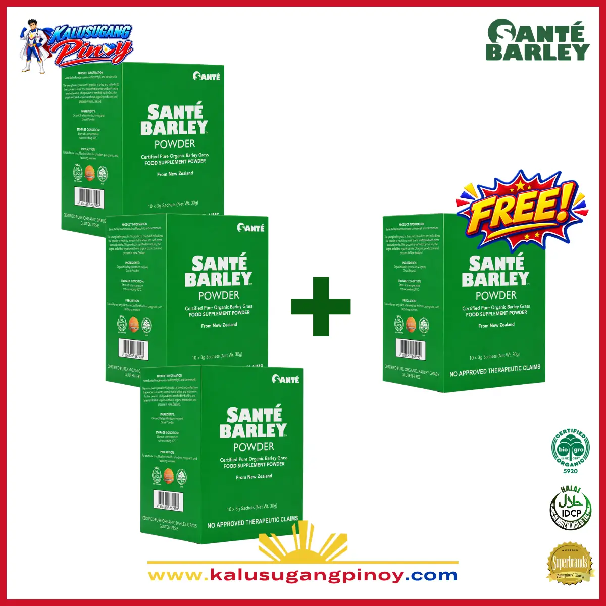 Santé Barley Powder With Stevia 10 Sachets Buy 3 Get 1 Free