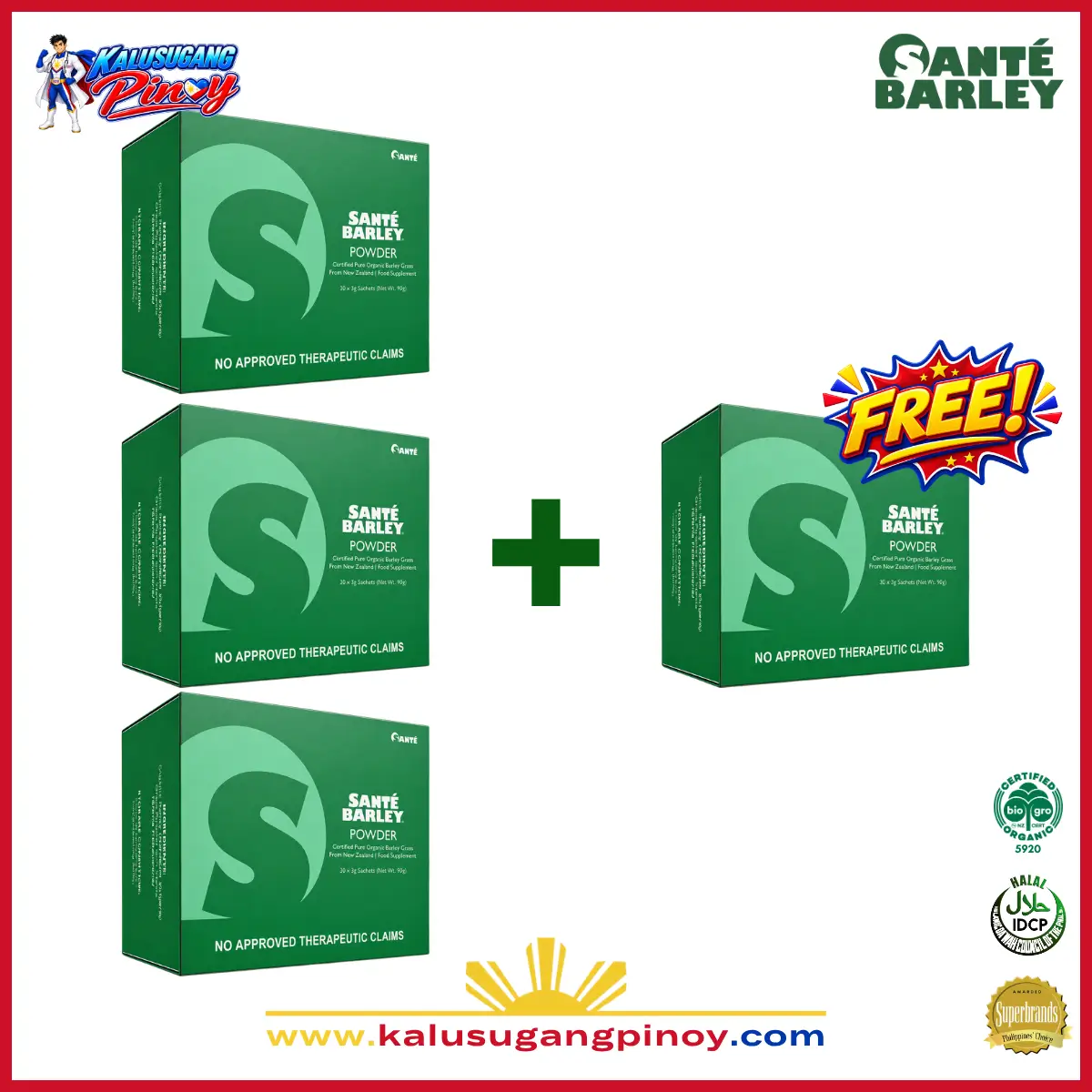 Santé Barley Organic Powder With Stevia 30 Sachets Buy 3 Get 1 Free
